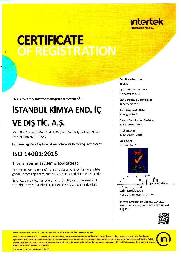 ISO14001 2015 İstanbul Kimya Endüstrisi