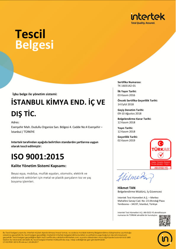 ISO9001 2015 İstanbul Kimya Endüstrisi